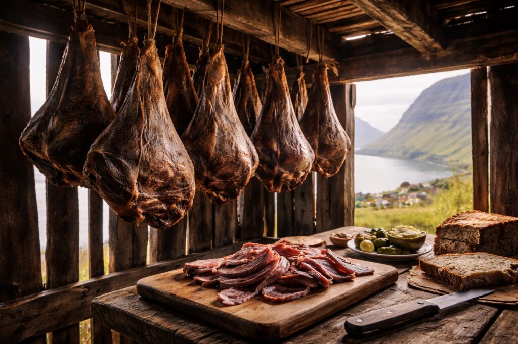 En kulinarisk pärla från de färöiska gårdarna – torkat lammkött är en oskiljaktig del av högtiderna.